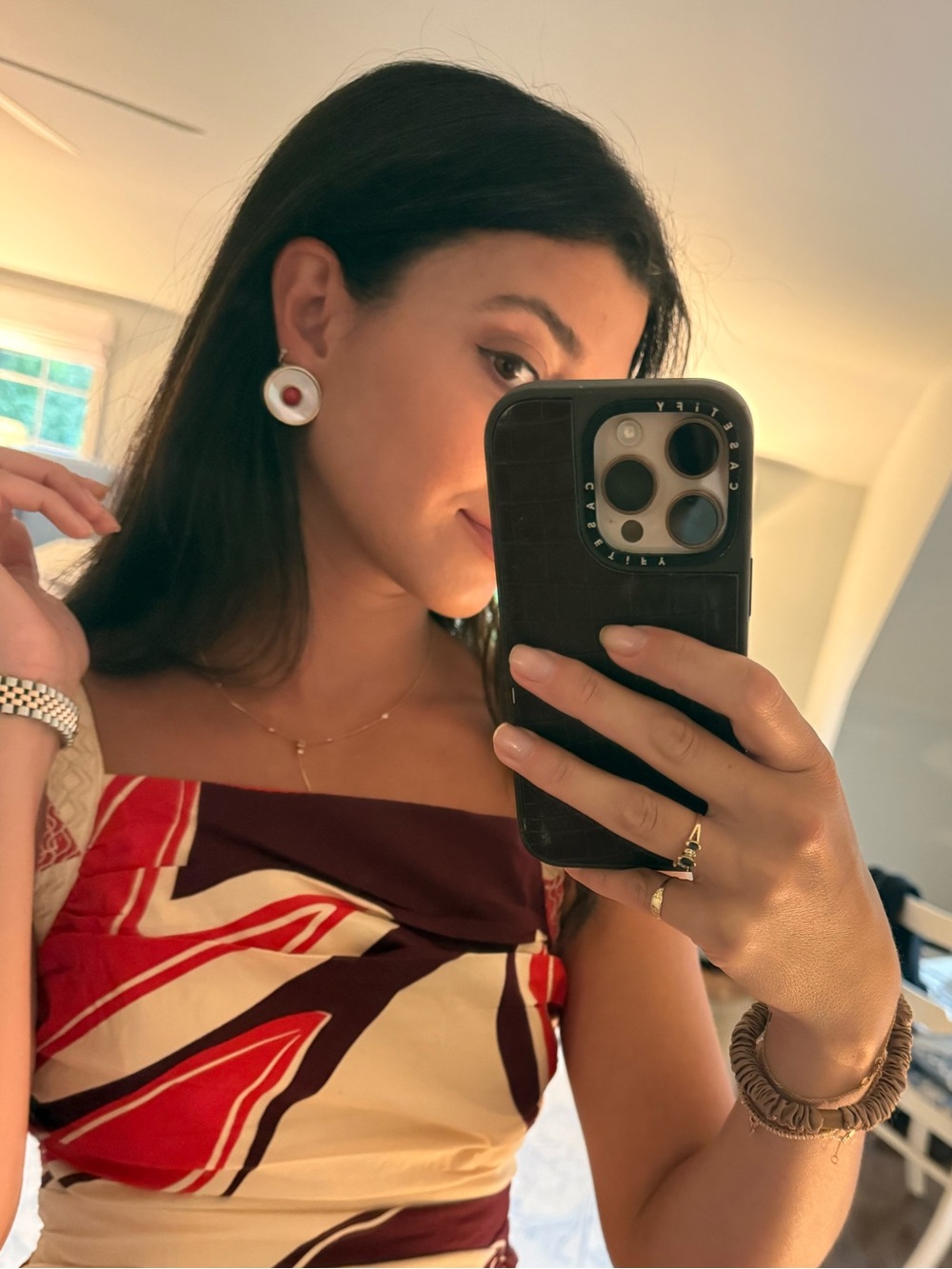 Gold-Tone Mother-of-Pearl Earrings with Red Center Vintage